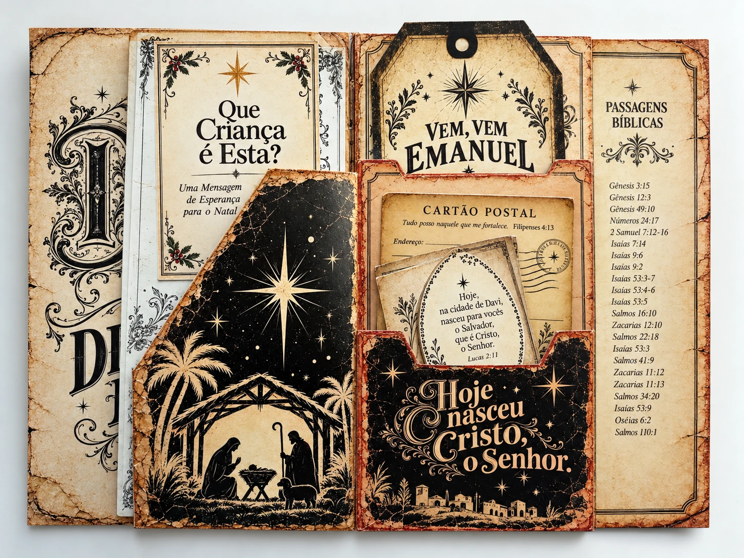 Devocional aberto com cards, passagens bíblicas e tag Vem, vem, Emanuel