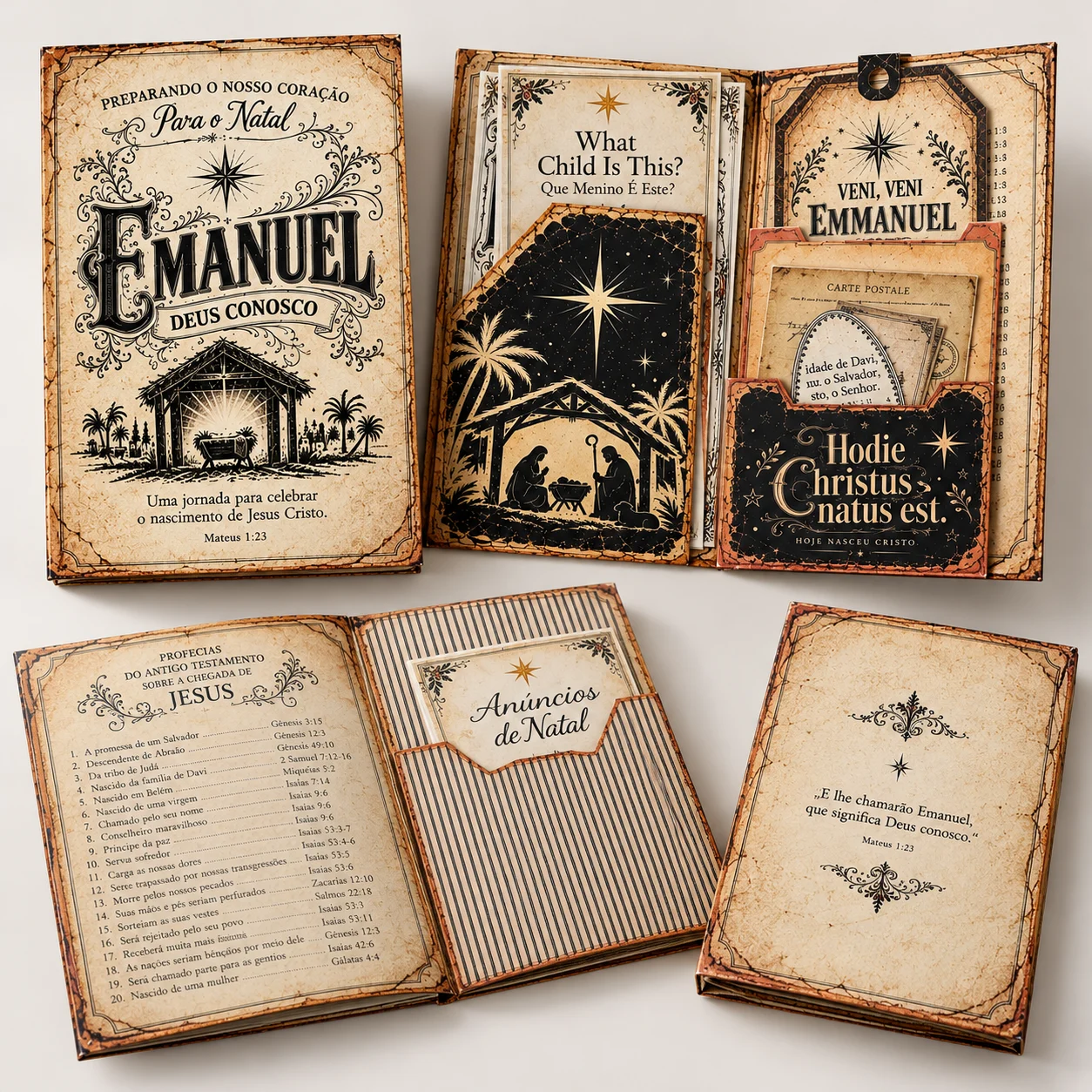 Devocional do Advento com capa Emanuel, cards e peças vintage